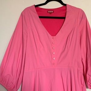 STAUD Pink Puffy Sleeve Midi Dress